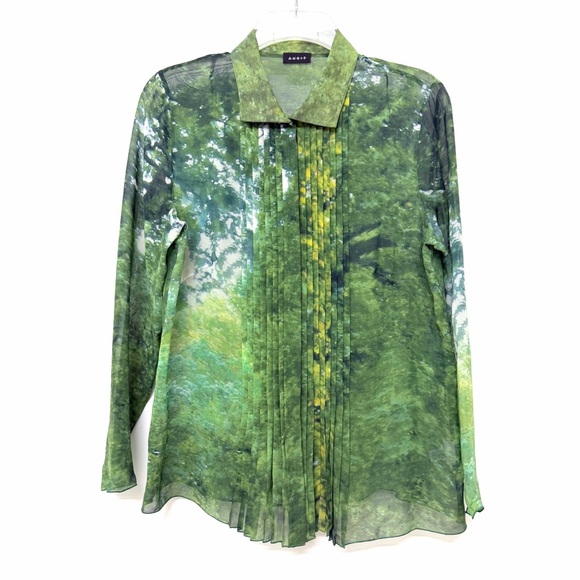 Akris Tops - Akris Tree Forest Print Silk Chiffon Blouse Top Pleated Green Foliage Floral 8